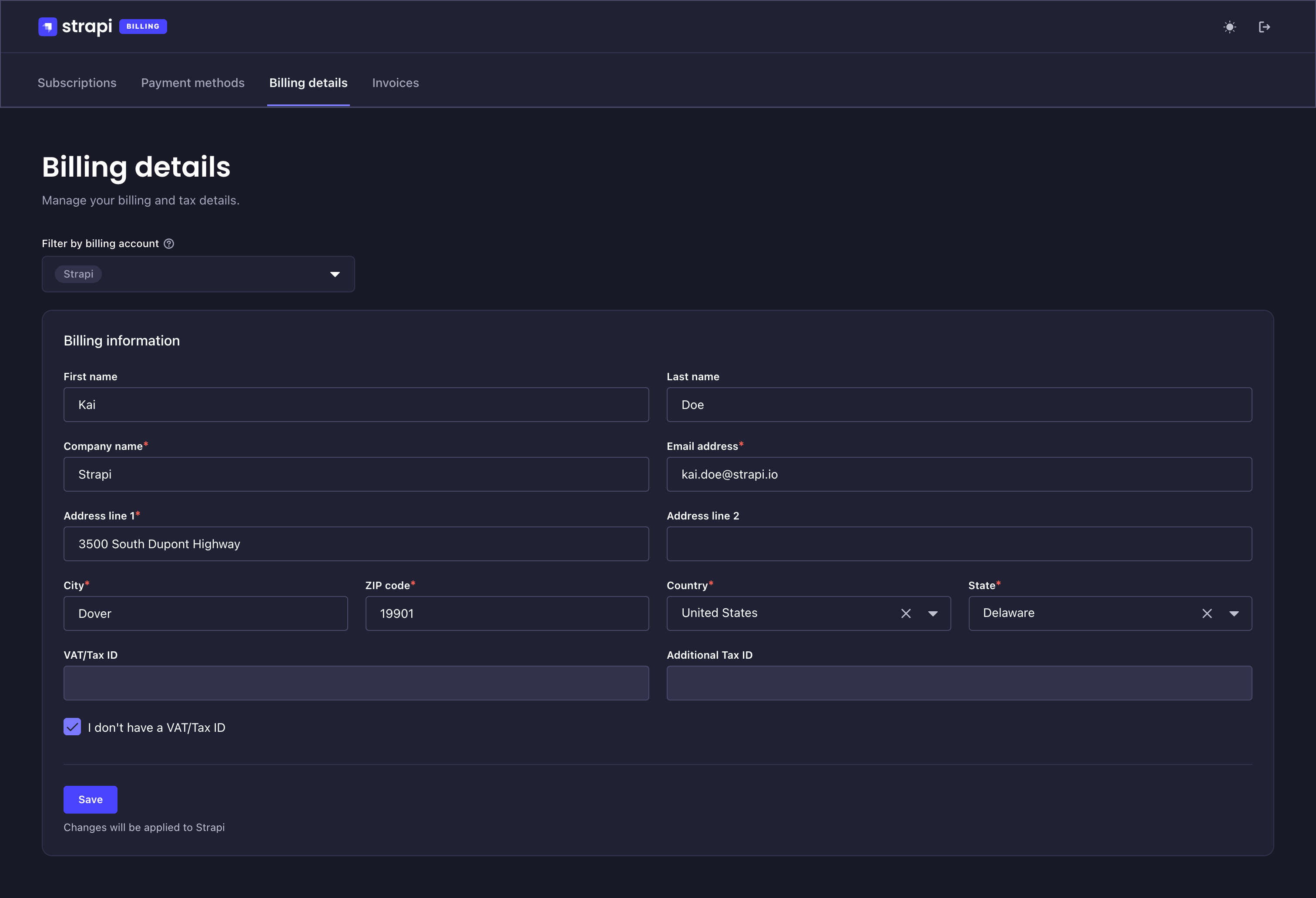 Billing portal screenshot: billing details