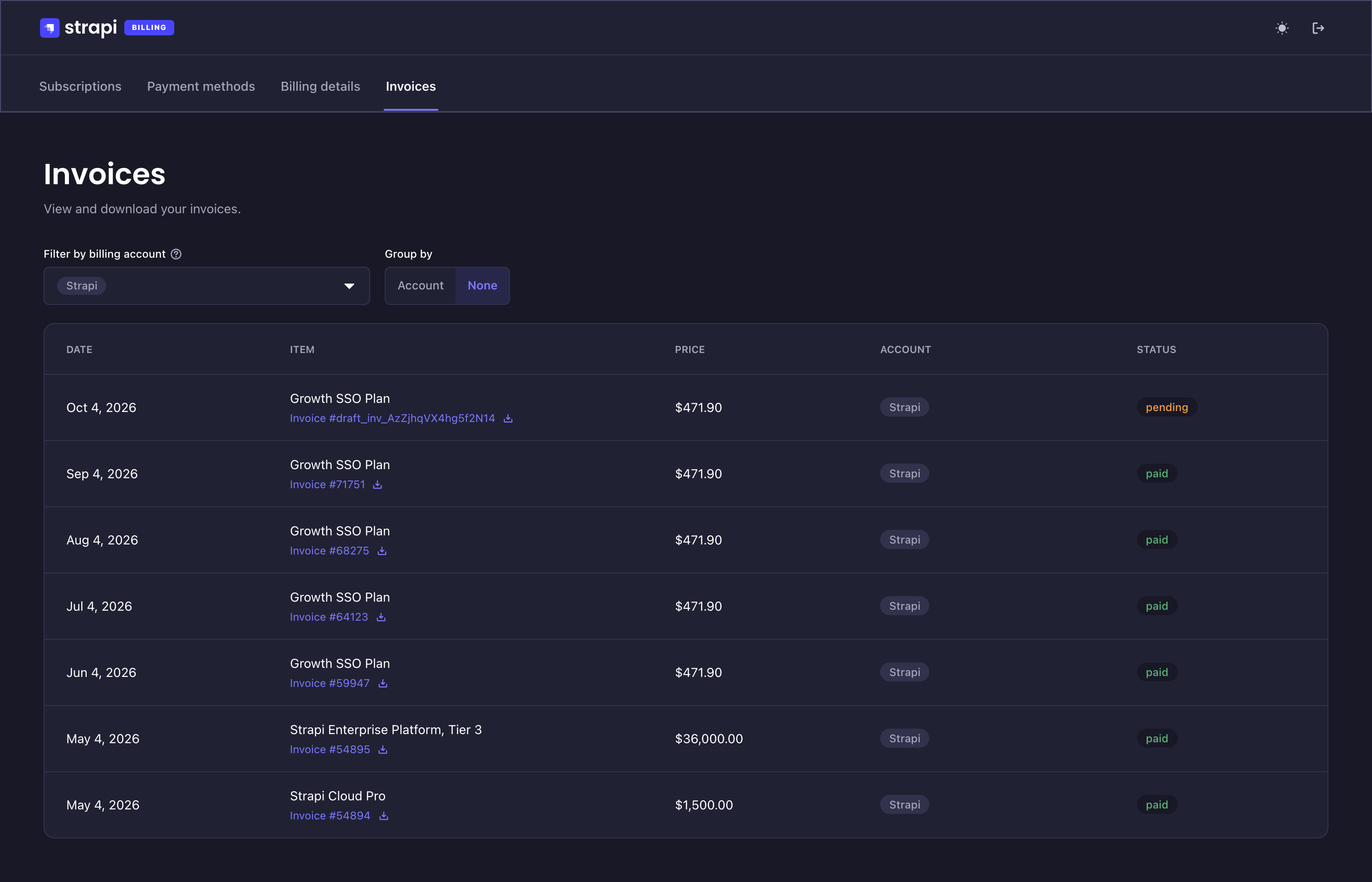 Billing portal screenshot: invoices